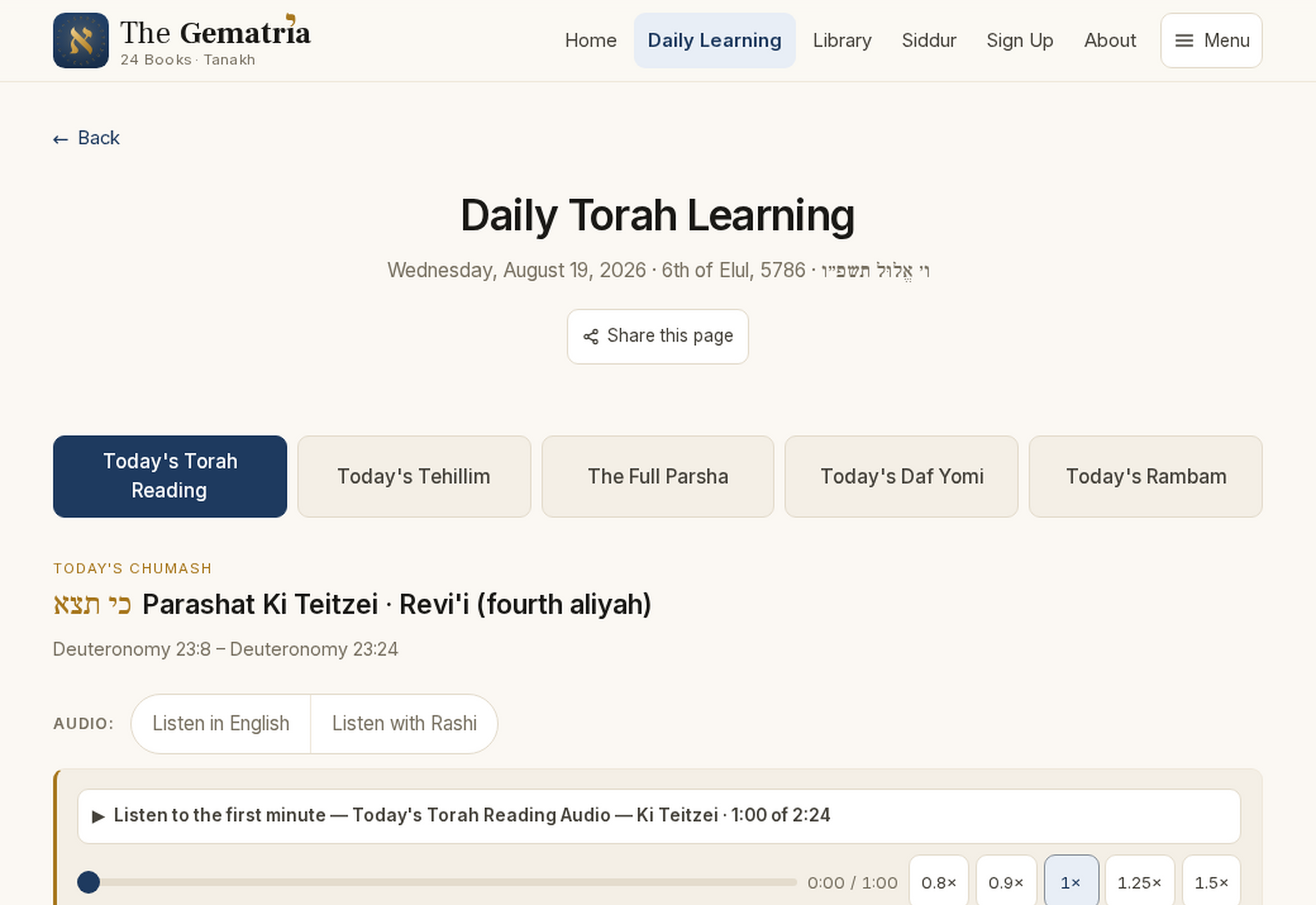 The top of the actual Daily Torah Learning page